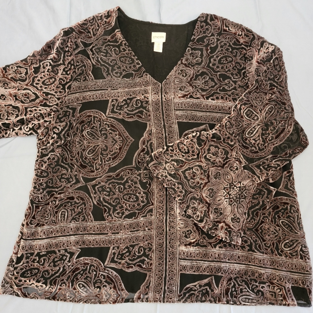Chico's Black Burnout Velvet Lavender Floral Blouse 3/4 Sleeve Size 3 (XL/16)